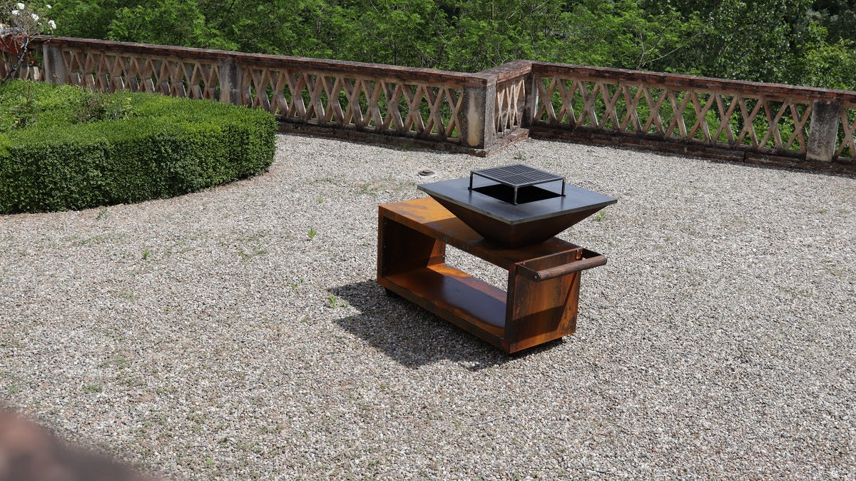 Brasero Table Corten Roulettes 85
