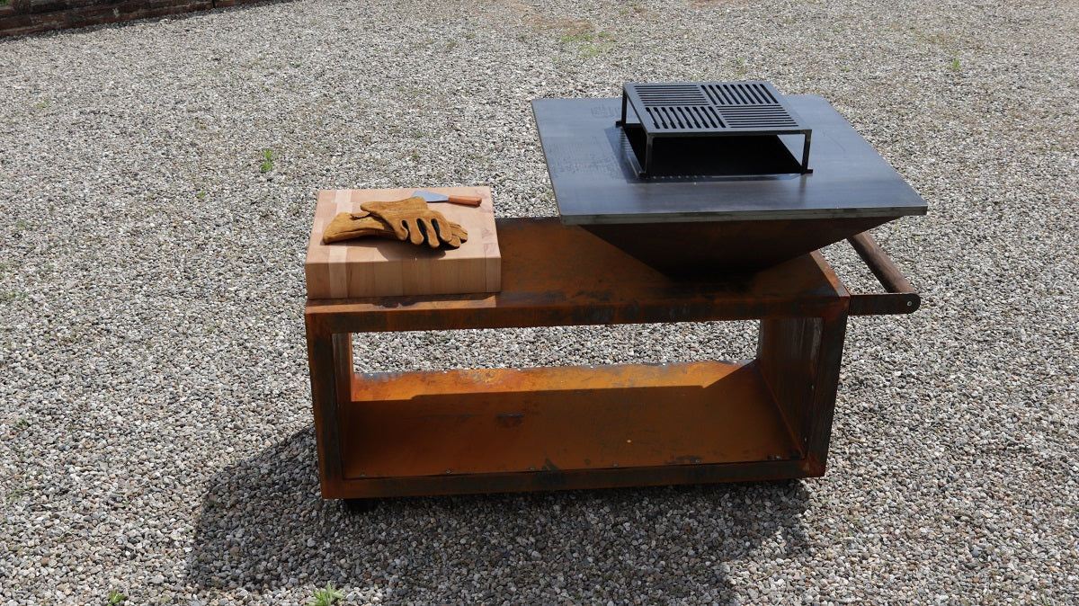 Brasero Table Corten Roulettes 85